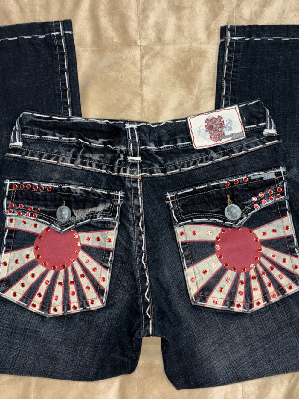 Laguna Beach Jeans Company Y2K Dark Wash Jeans with Red Sunburst Pocket Accents